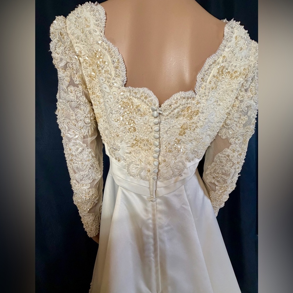 Ivory Off-Shoulder Wedding Dress with Gold Embroidery + Veil & Bouquet - Picture 10 of 16